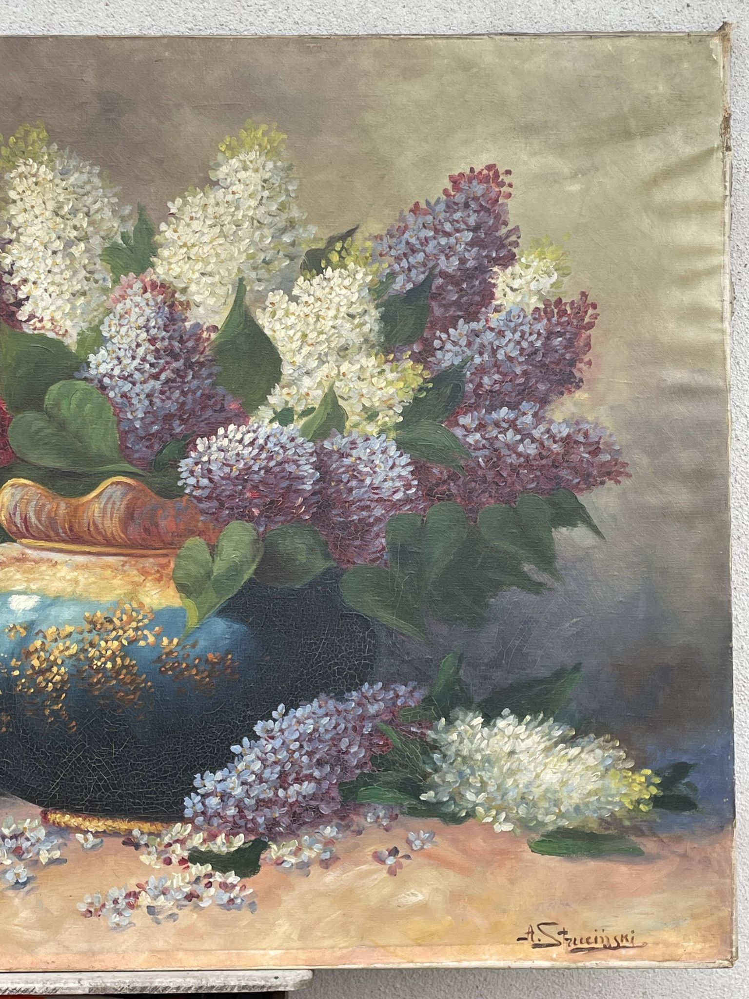 Large oil on canvas bouquet of lilacs signed by a. struciński poland, mid-20th century