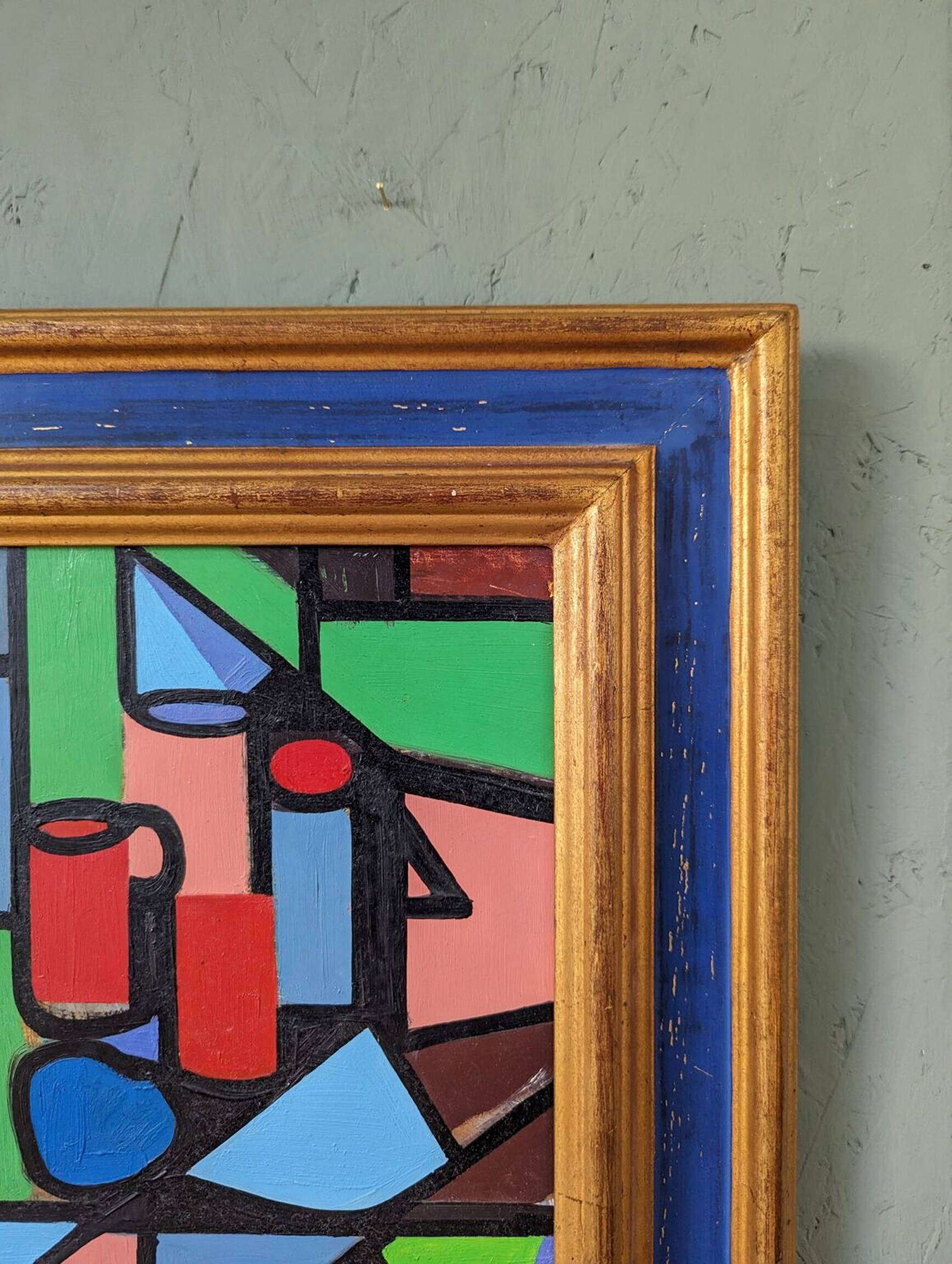 Mid-Century Modern "Geometric Still Life" Vintage Swedish Cubist Still Life Oil Painting, Framed