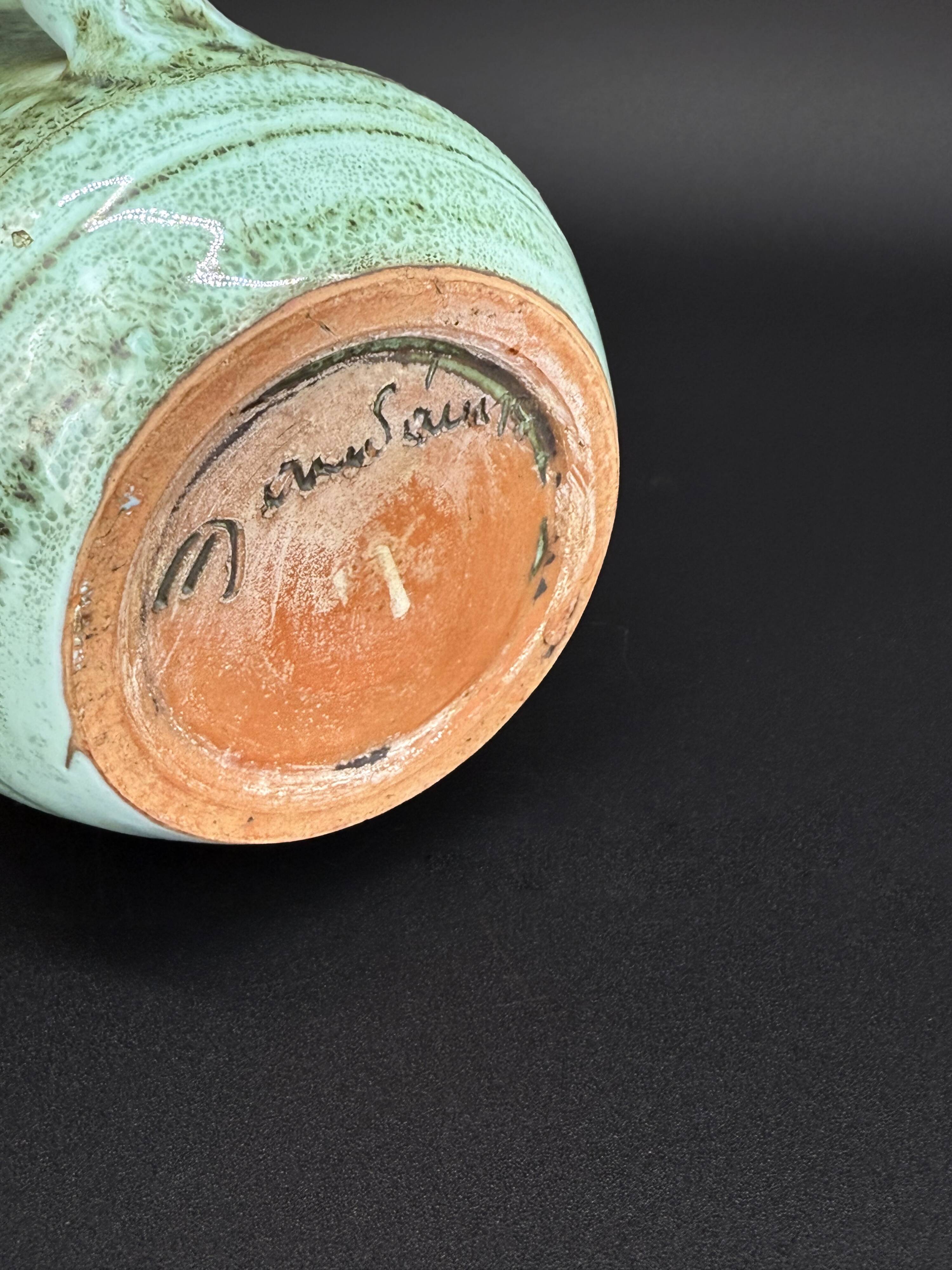 Turquoise green glazed stoneware pitcher – signed, France, 1970