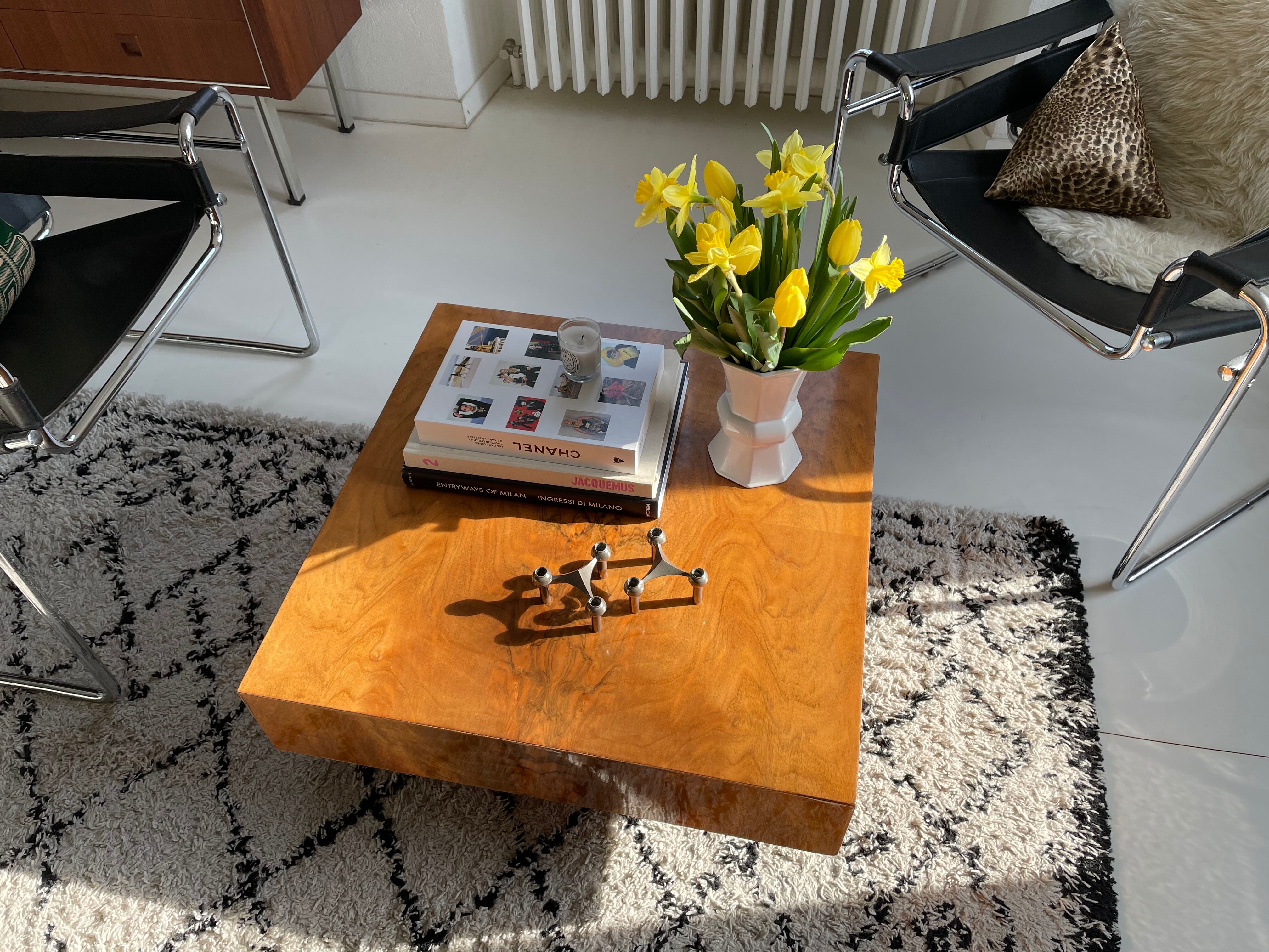 Square coffee table in elm magnifying glass 70s