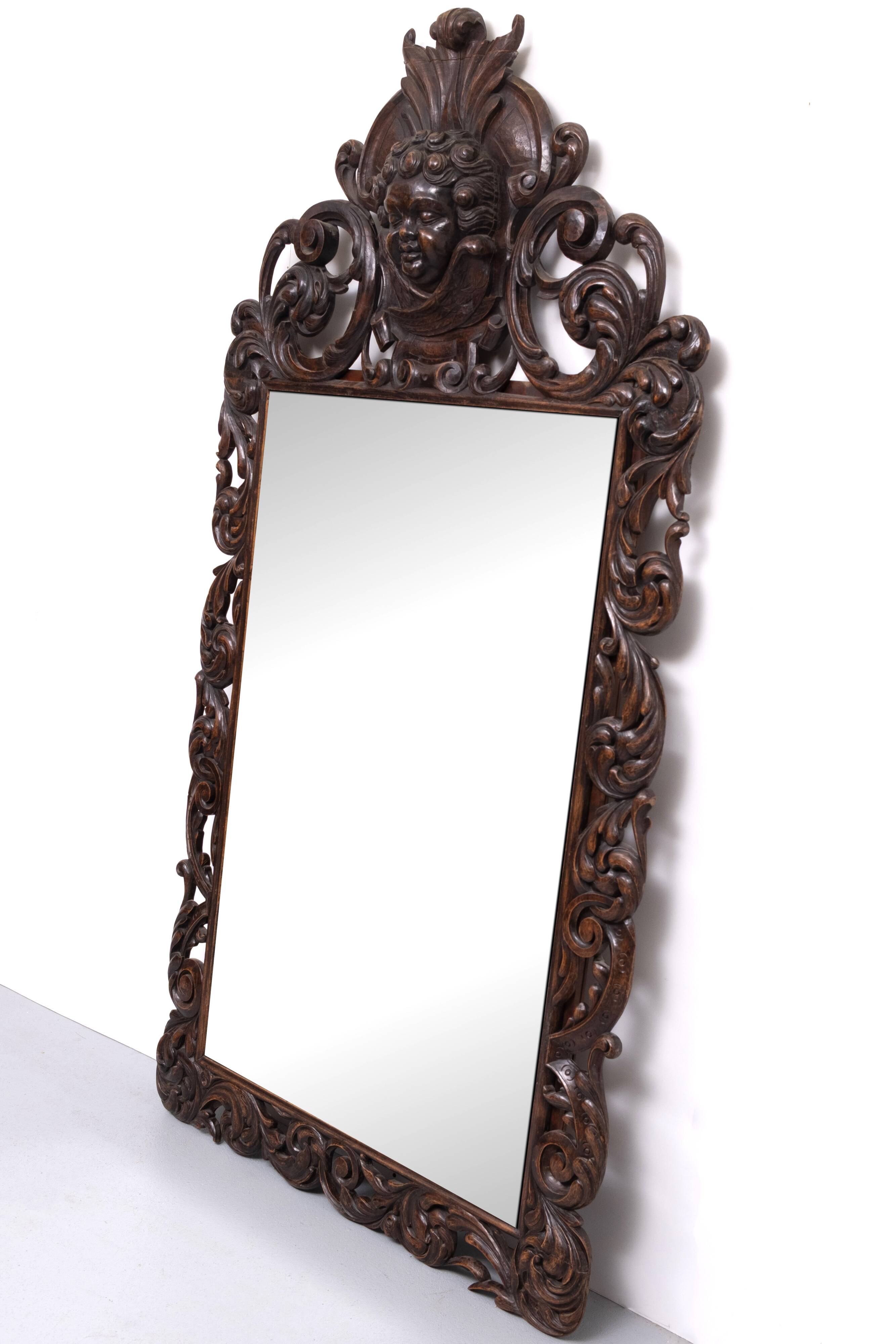 Impressive Monumental 18 Century Antique Cherub Oak mirror Holland