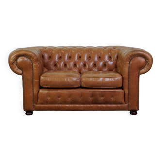 Beautiful Light Brown/Cream-Colored English Leather Chesterfield 2-Seater Sofa
