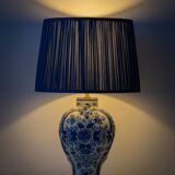 Pair of Royal Delft blue and white ceramic table lamps, 1905, with new pleated silk shades.