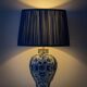 Pair of Royal Delft blue and white ceramic table lamps, 1905, with new pleated silk shades.