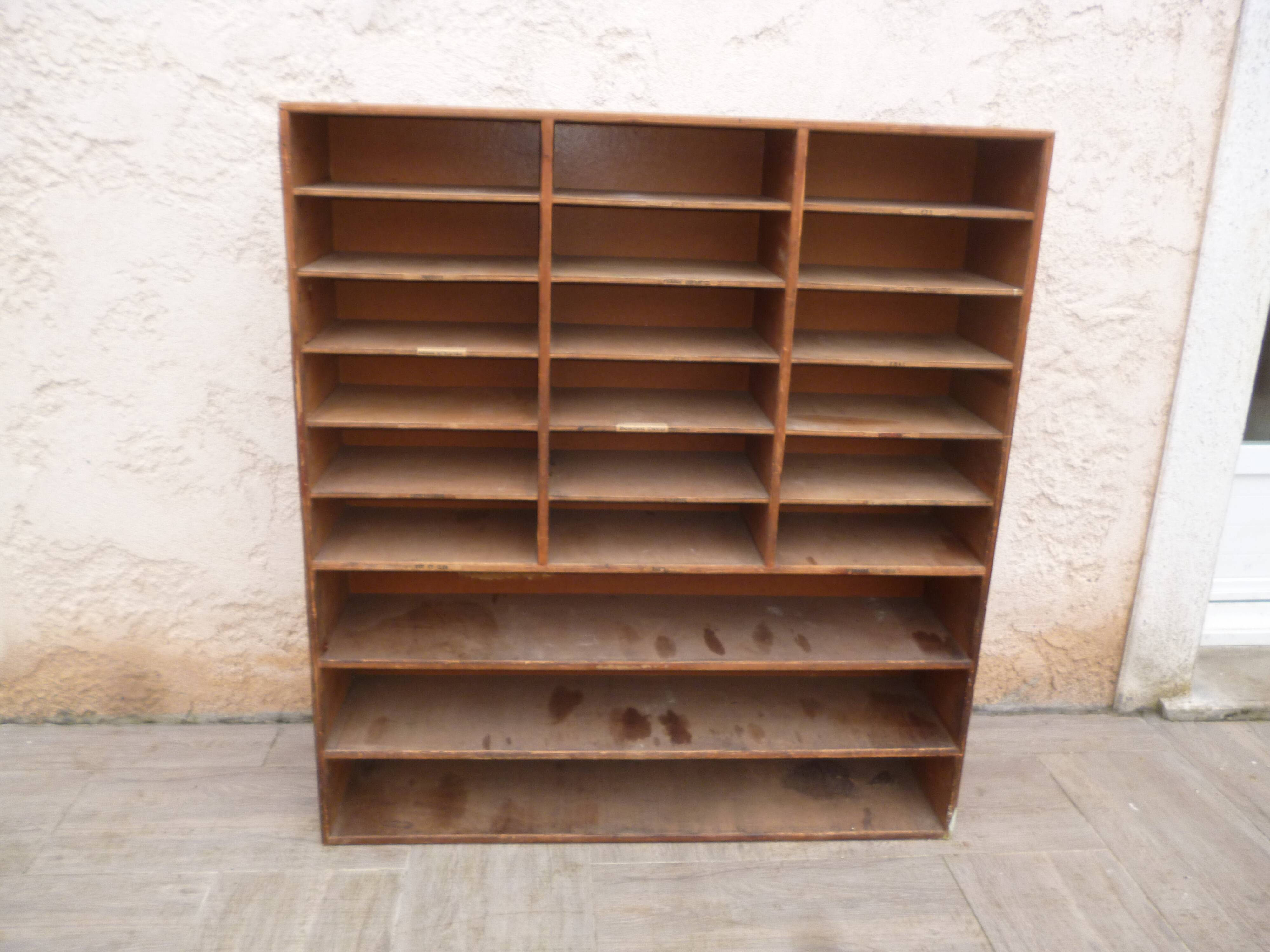 Sorting wood locker cabinet with Vintage labels