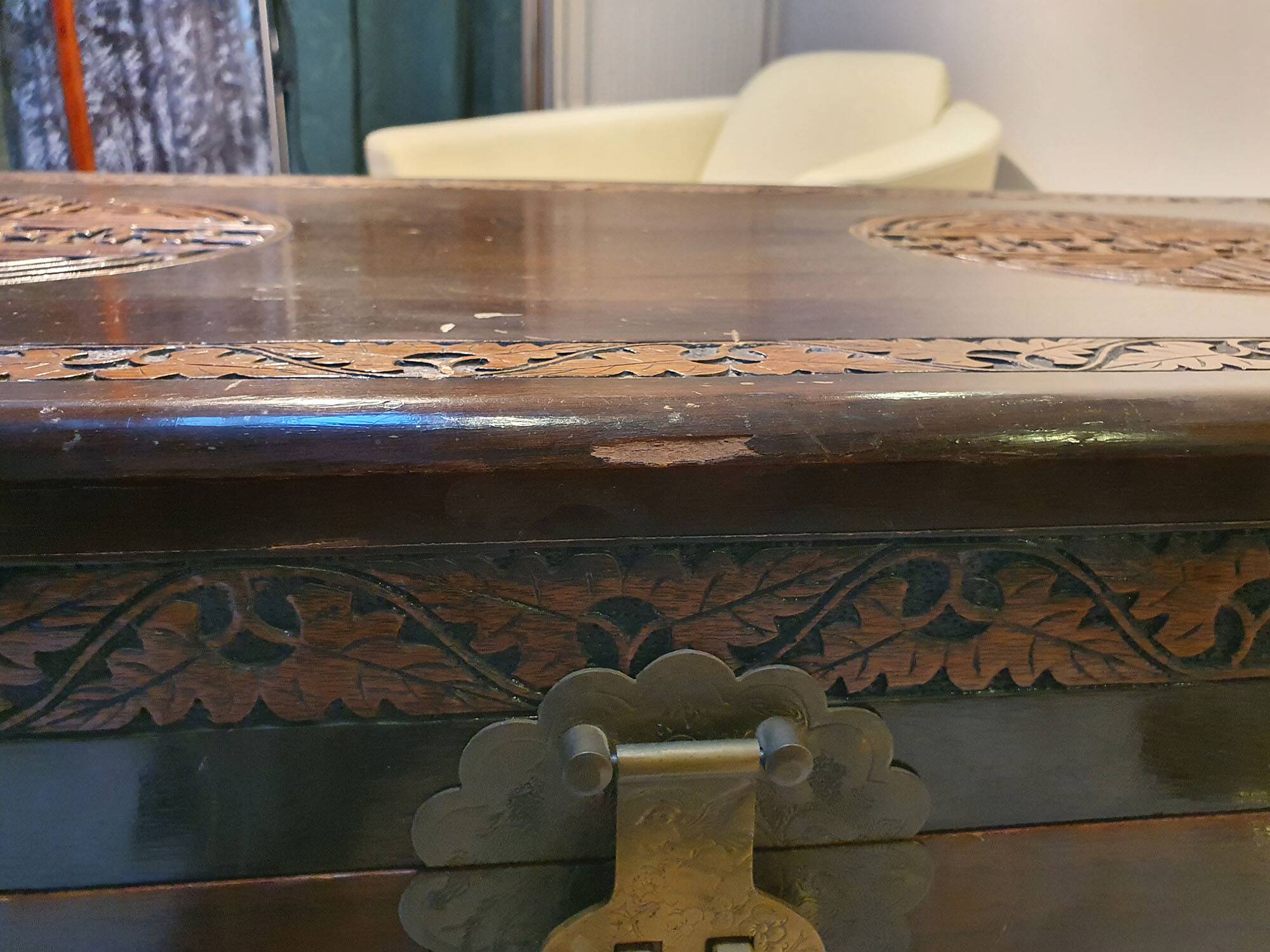 Chinese wedding chest in carved wood