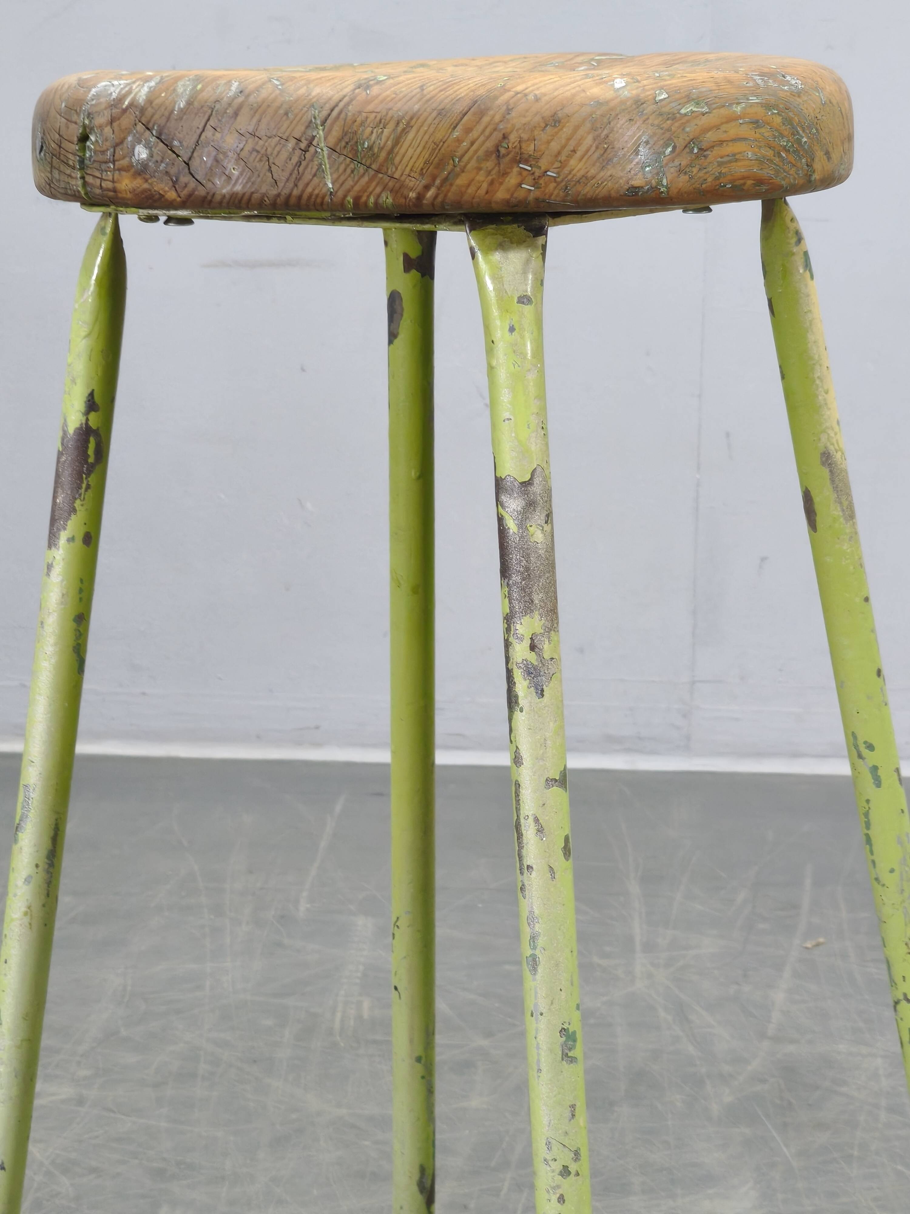 1940s Czech Industrial Stool with Pine Seat and Green Patina