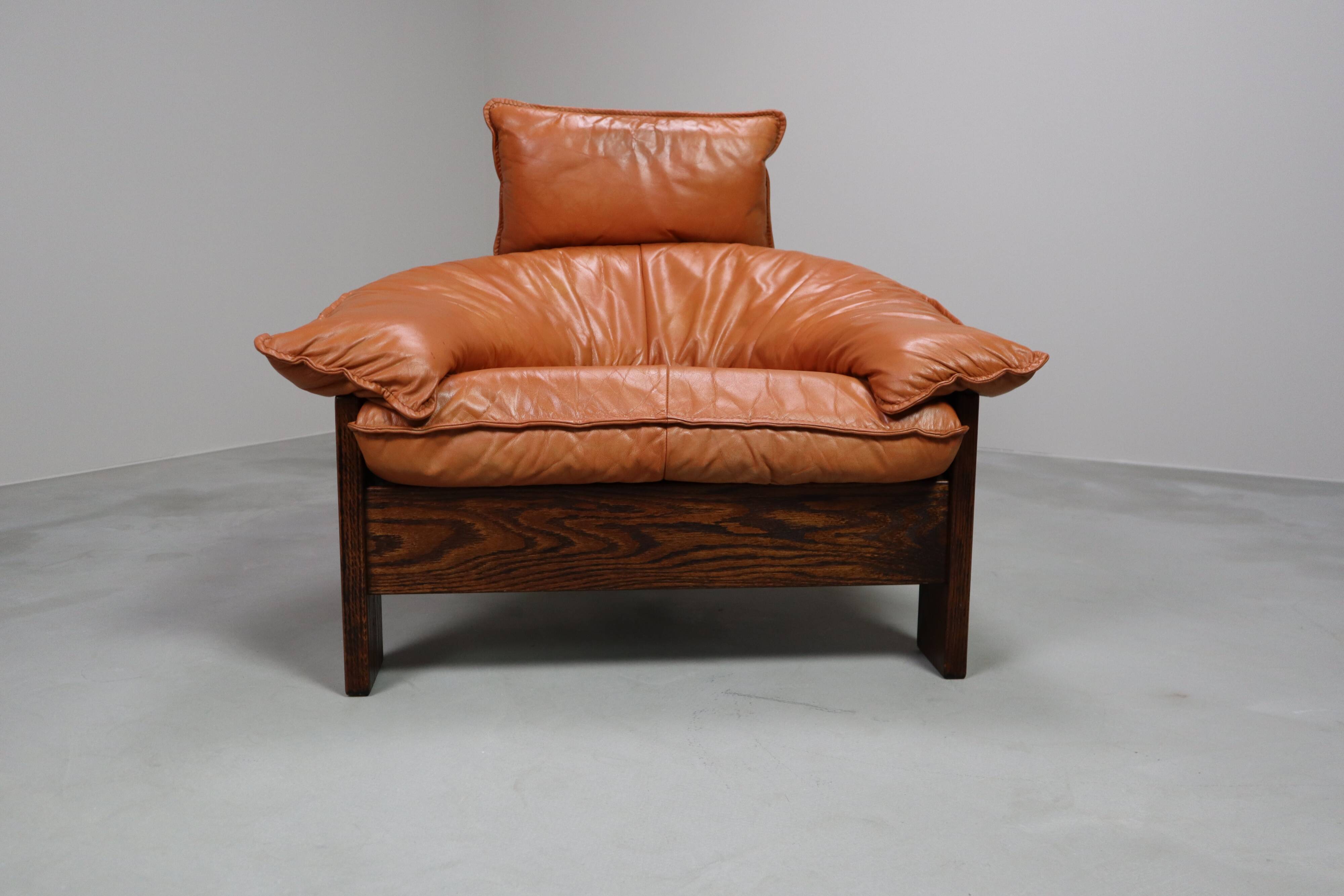 Vintage tripod lounge chair in leather, rattan and oak, Netherlands