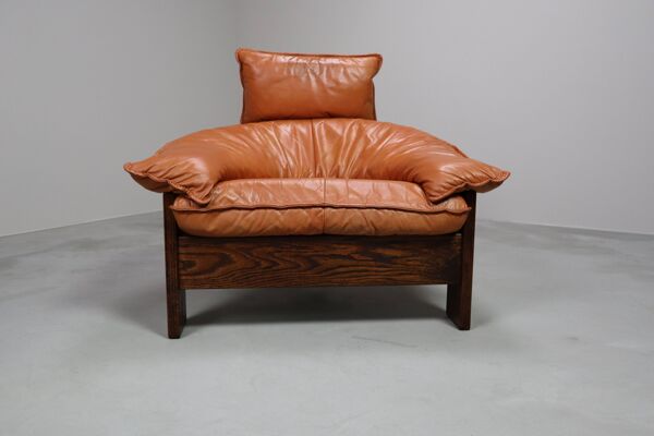 Chaise longue vintage à trois pieds en cuir, rotin et chêne, Pays-Bas