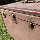Antique travel trunk, wooden and leather transport case, 1900