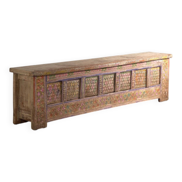 Antique polychrome carved low cabinet in pine – Xinjiang, circa 1900