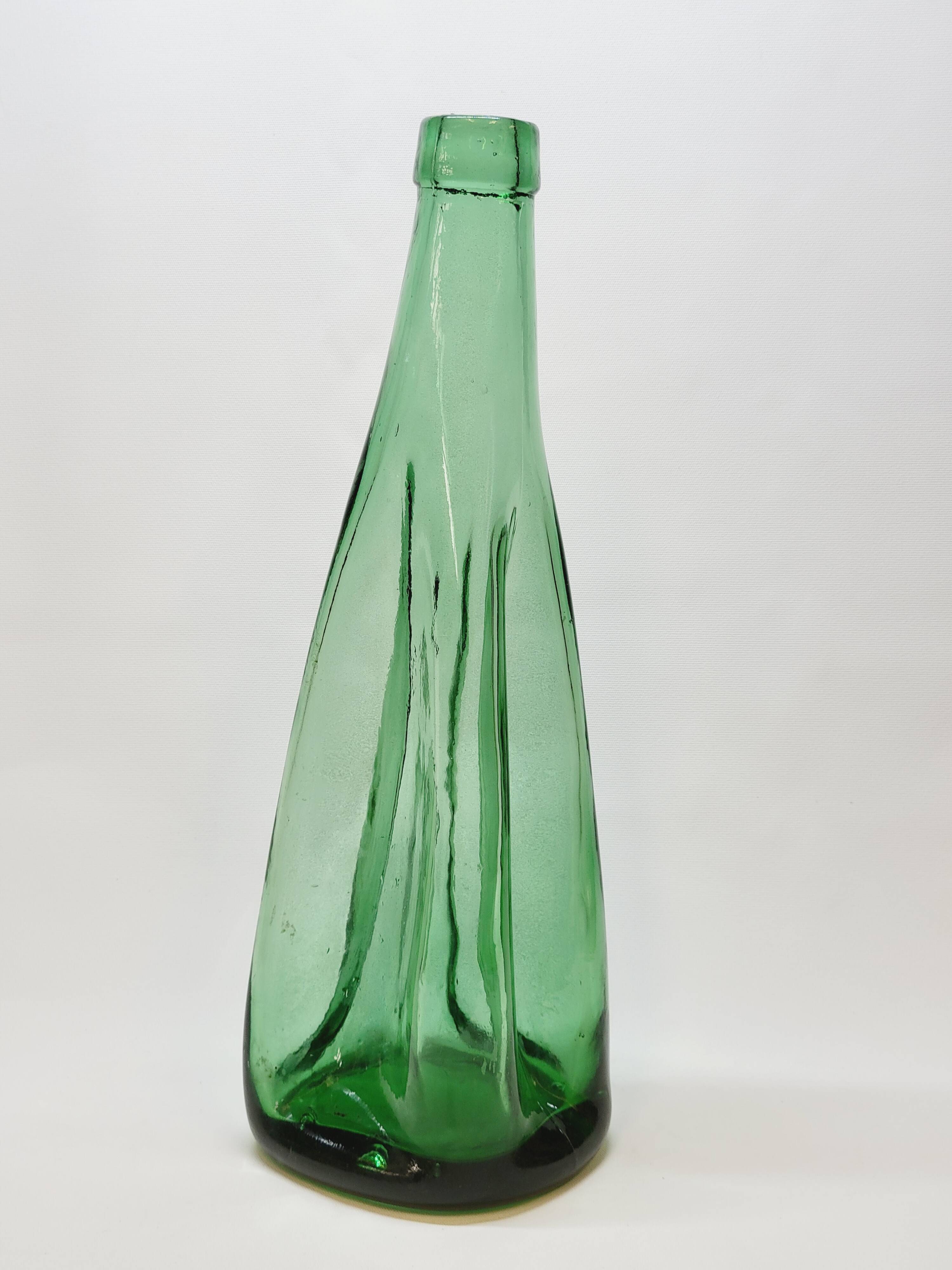 Old Large Pressed Molded Green Crushed Distorted Glass Bottle
