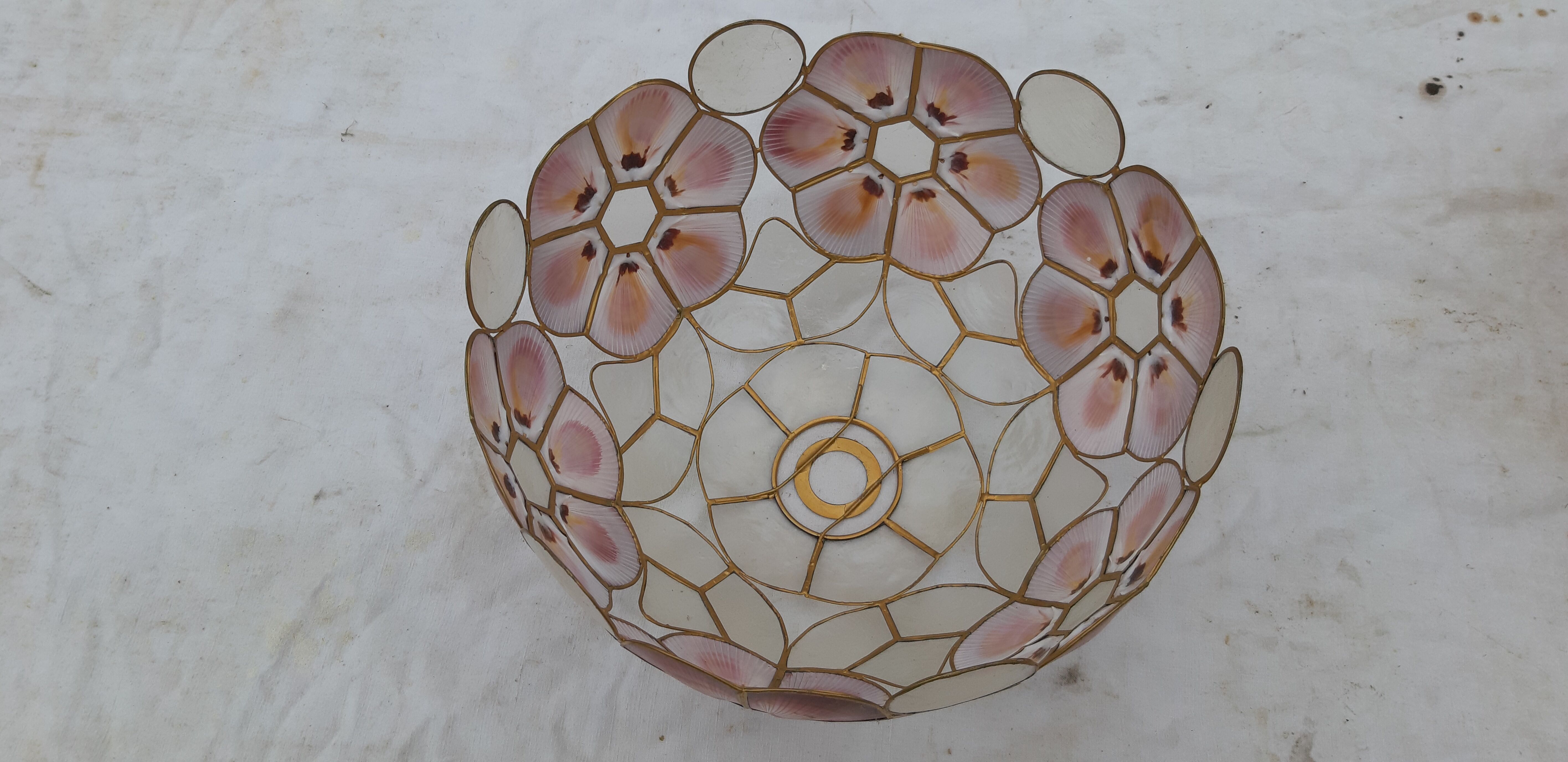 Pair of vintage pendant lamps in brass mother-of-pearl and shells