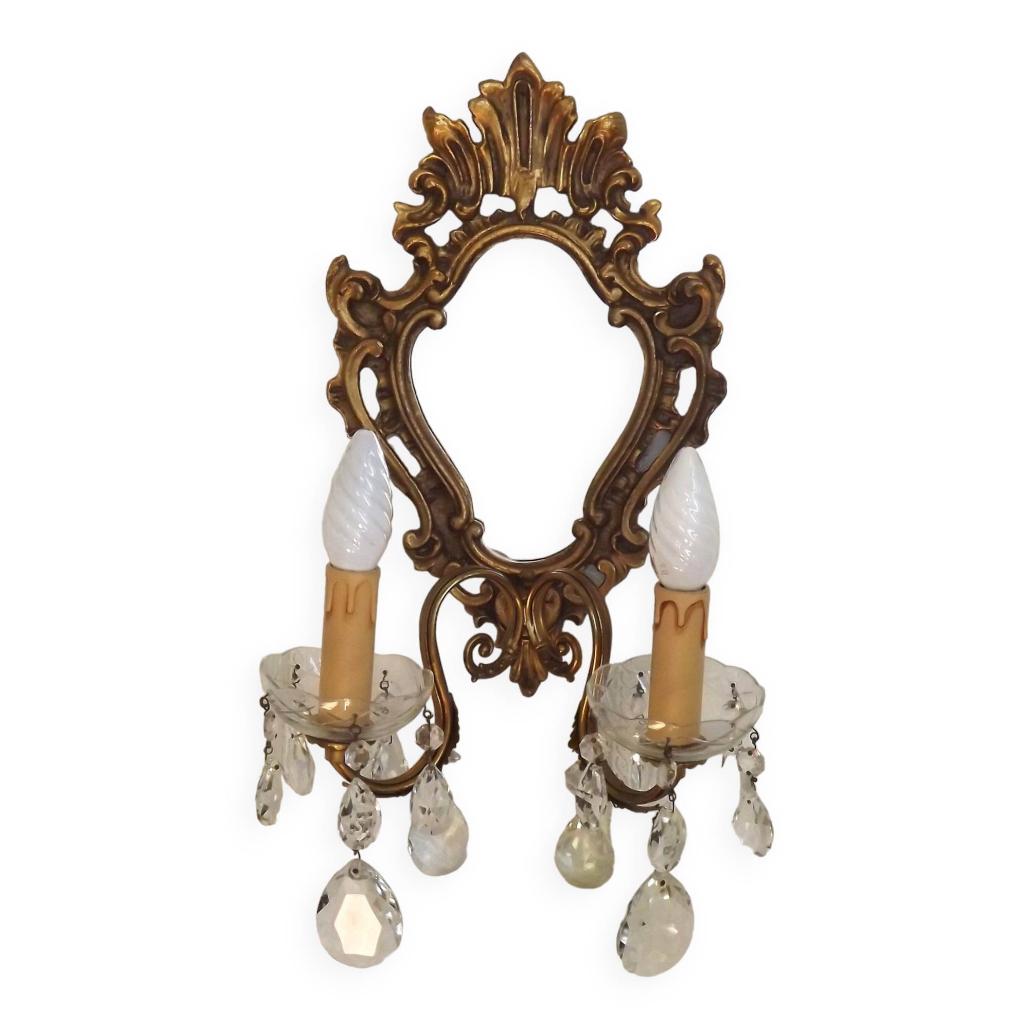 French Antique Gilt Bronze Baroque Double Light Crystal Mirror Wall Sconce 4807