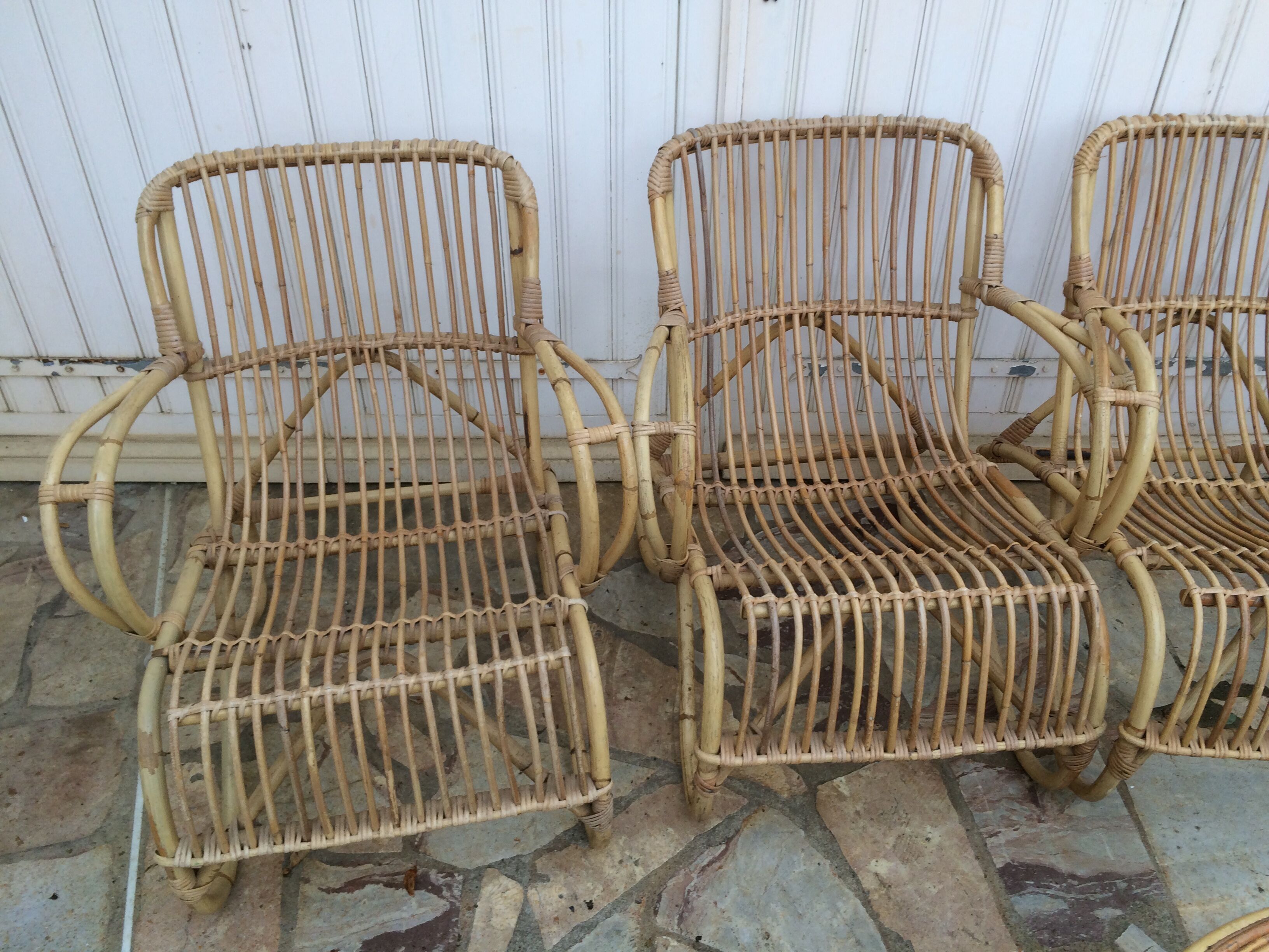 Lounge or garden table and 4 vintage wicker and rattan chairs 60s