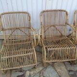 Lounge or garden table and 4 vintage wicker and rattan chairs 60s