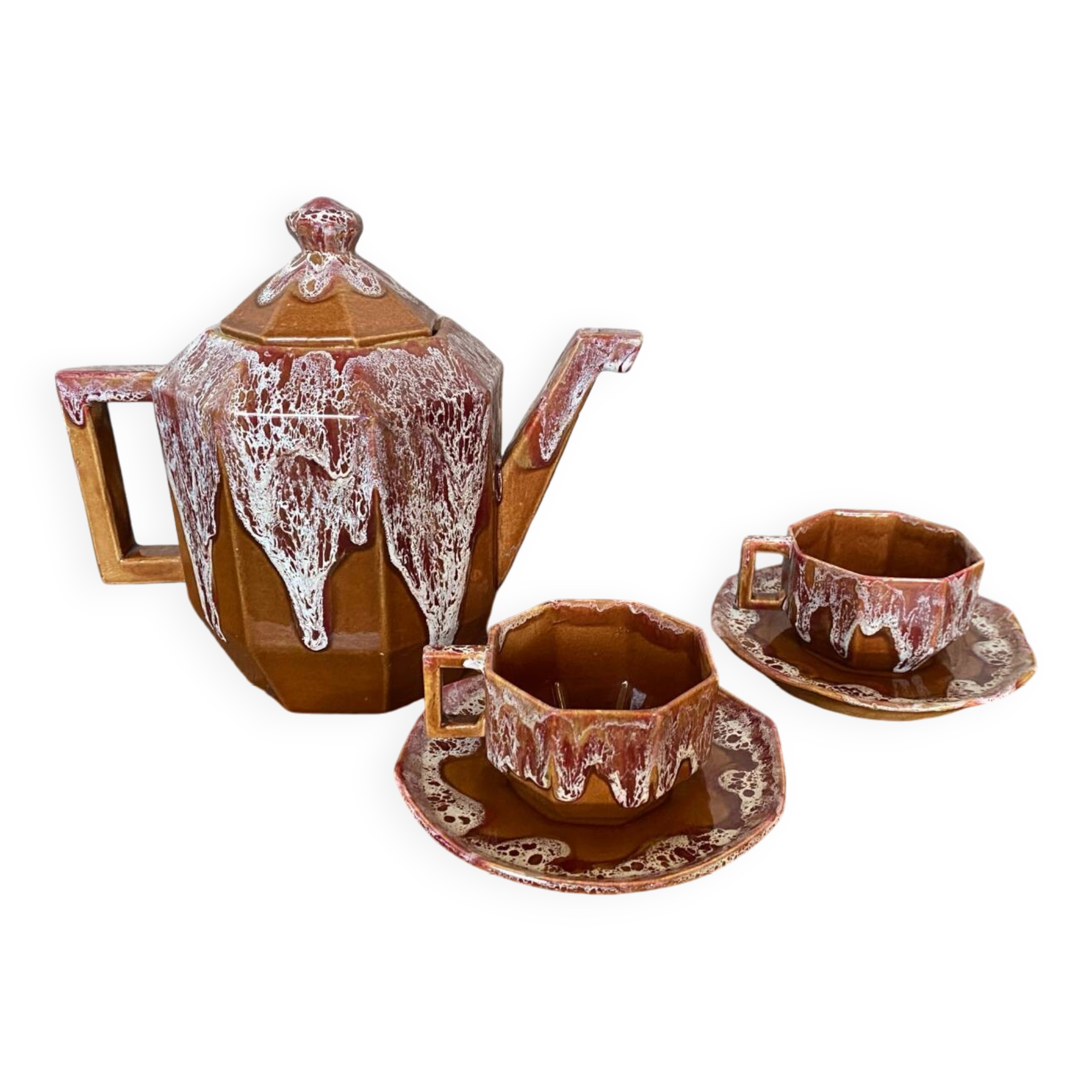 Antique gf art deco teapot flamed ceramic brown vintage