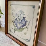 Iris flower on paper with vintage wooden frame
