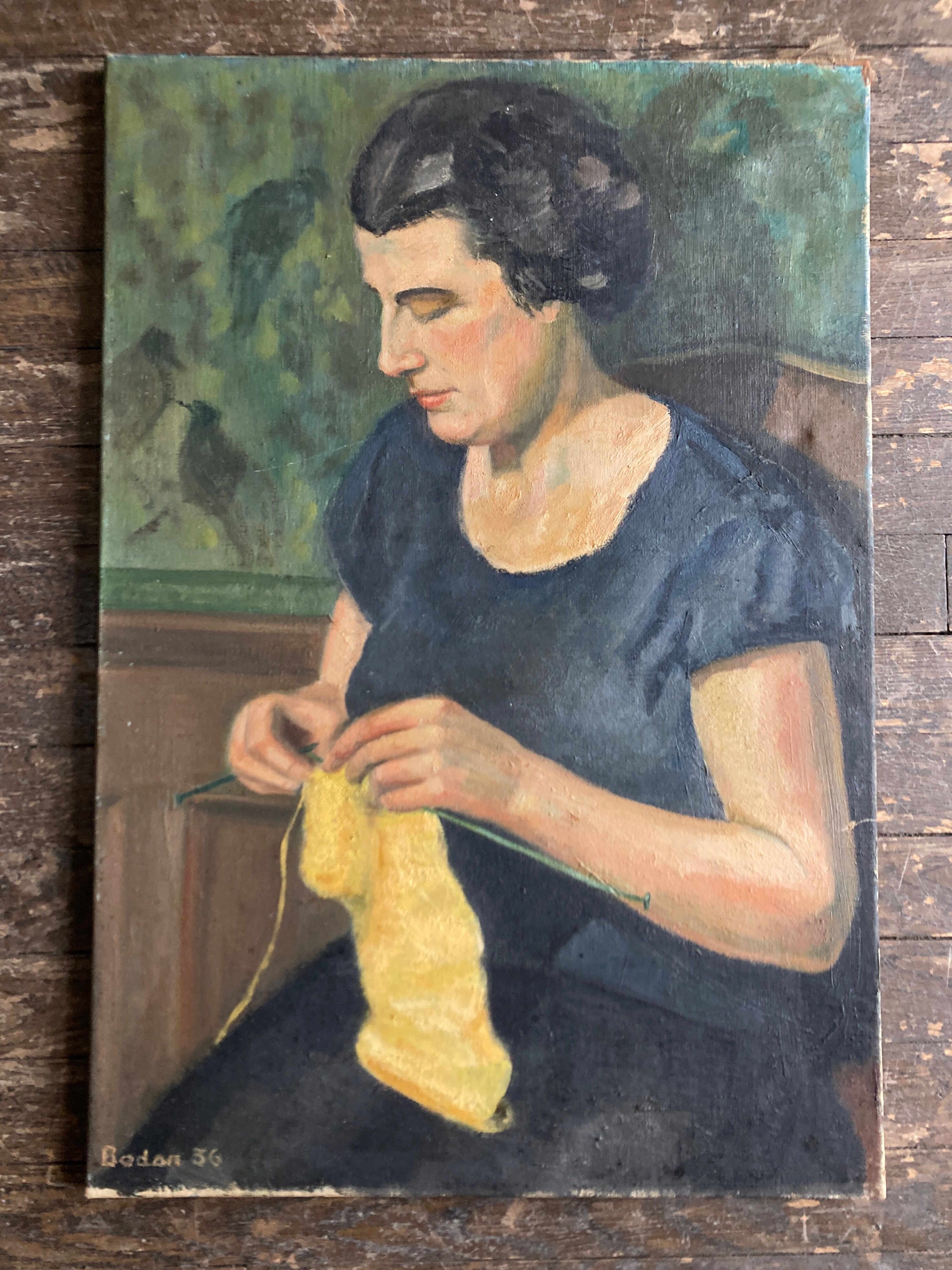 Portrait Woman knitting interior scene oil on canvas 1936
