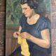 Portrait Woman knitting interior scene oil on canvas 1936