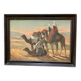 Grand Orientalist painting - the dromedaries and the Bedouins in the desert.