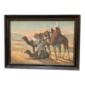Grand Orientalist painting - the dromedaries and the Bedouins in the desert.