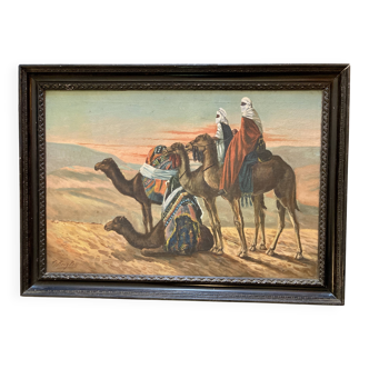 Grand Orientalist painting - the dromedaries and the Bedouins in the desert.