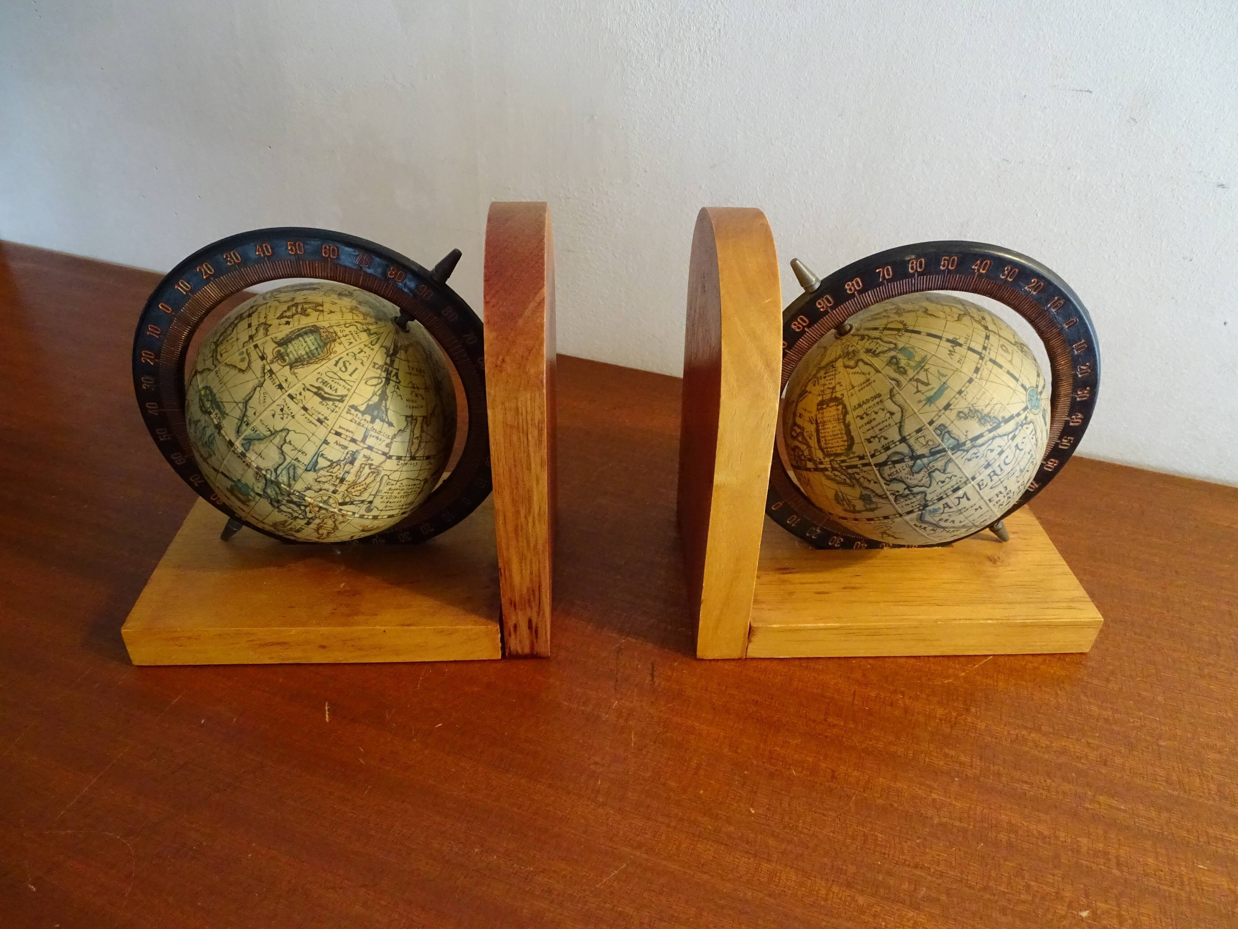 Paire serre livre globe terrestre mappemonde vintage en bois
