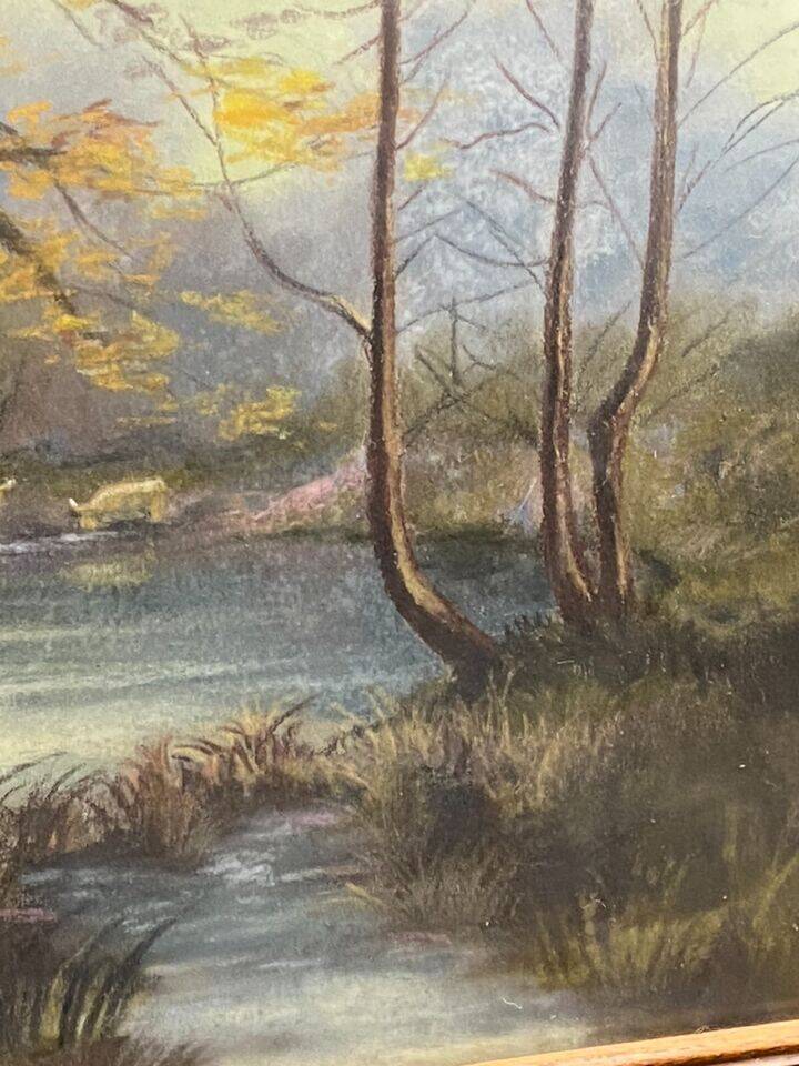 Late 19th century pastel painting signed A. Leroumeau with cows near the pond