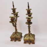 Ancienne paire de chandeliers a 3 branches en laiton