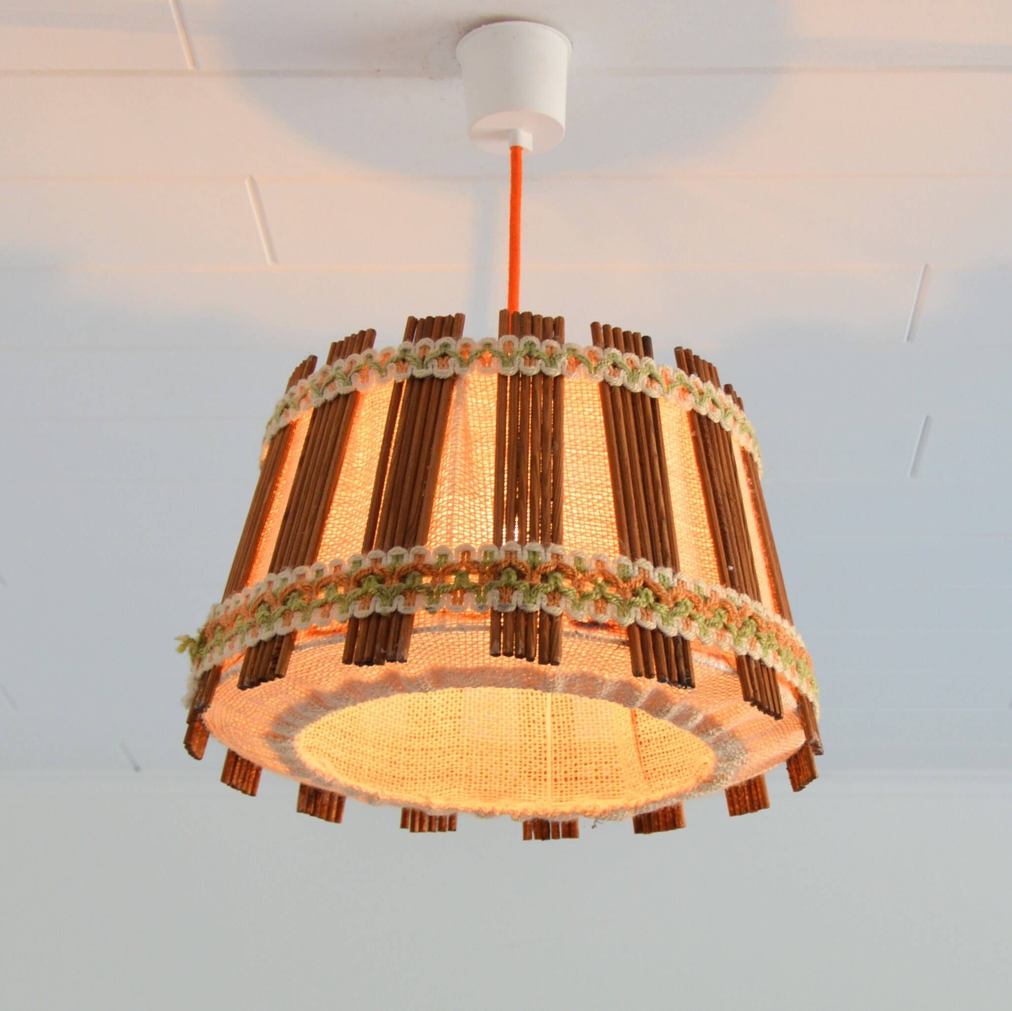 Vintage 1970s burlap and wood pendant light