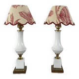 Pair of bedside lamps in opaline and brass toile de jouy lampshades 1950