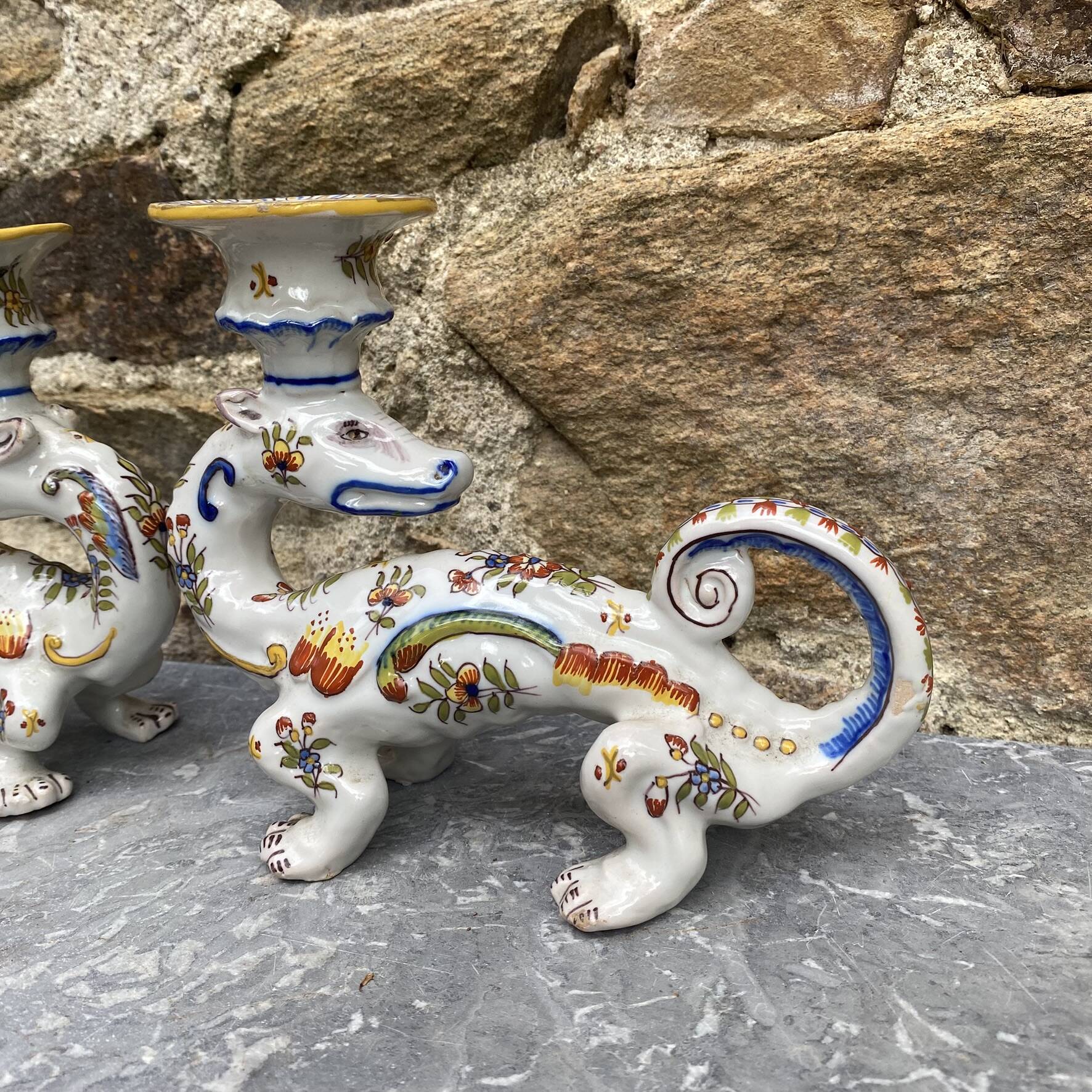 Pair of dragon candlesticks in Desvres earthenware, Rouen