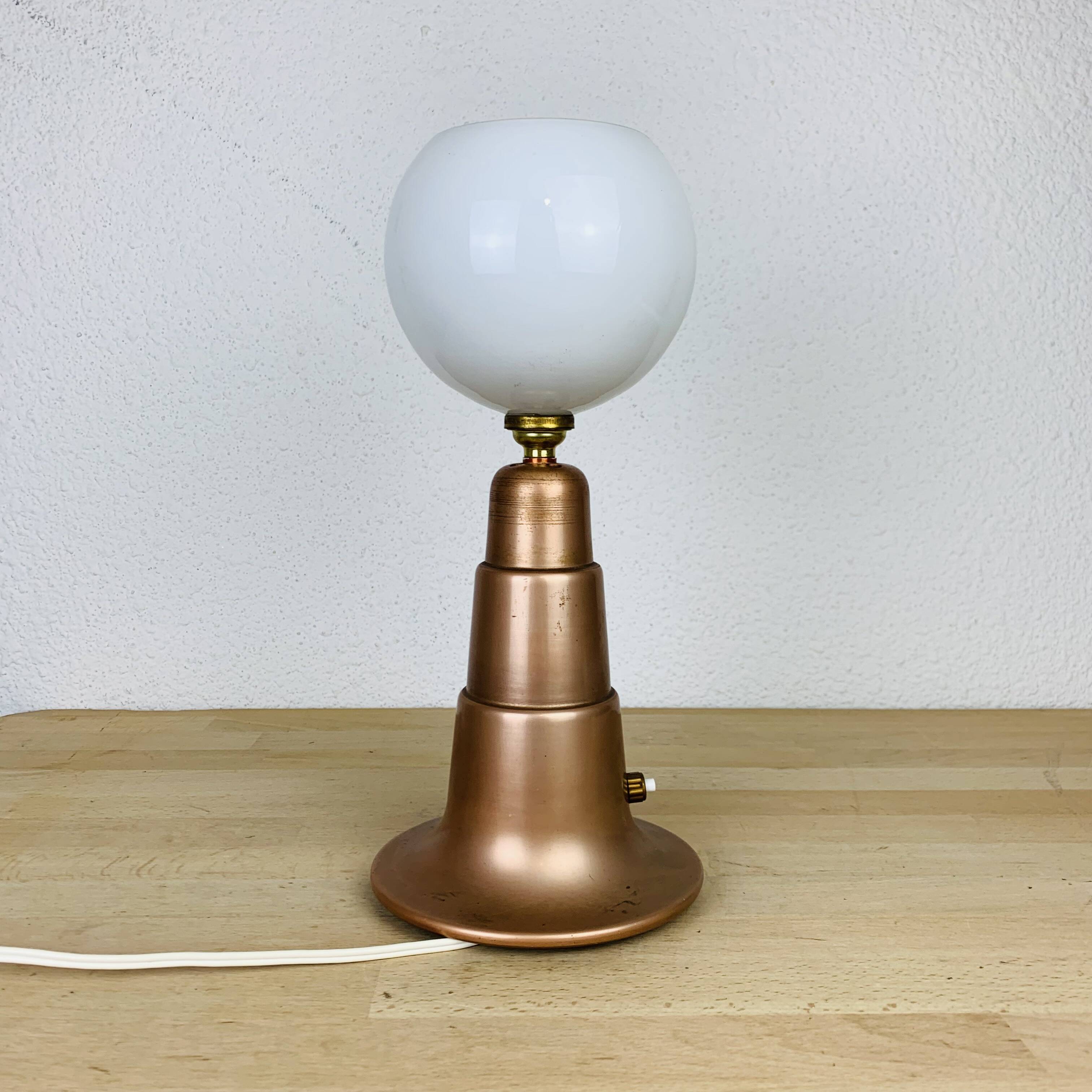 Art Deco conical copper lamp and opaline globe