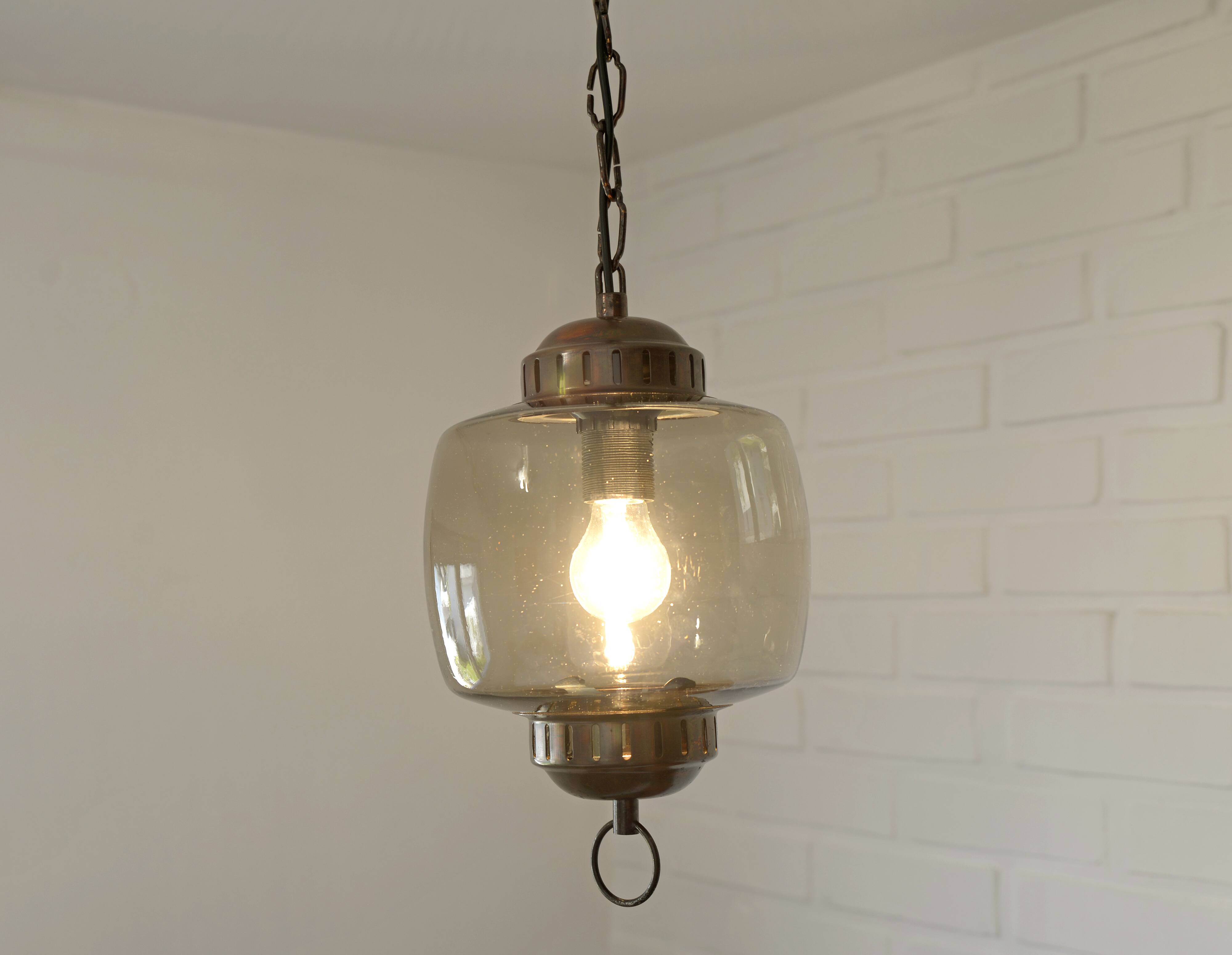 Vintage Copper Pendant Light Amber Glass Mid Century Modern Ceiling Lanter