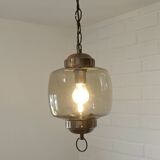 Vintage Copper Pendant Light Amber Glass Mid Century Modern Ceiling Lanter