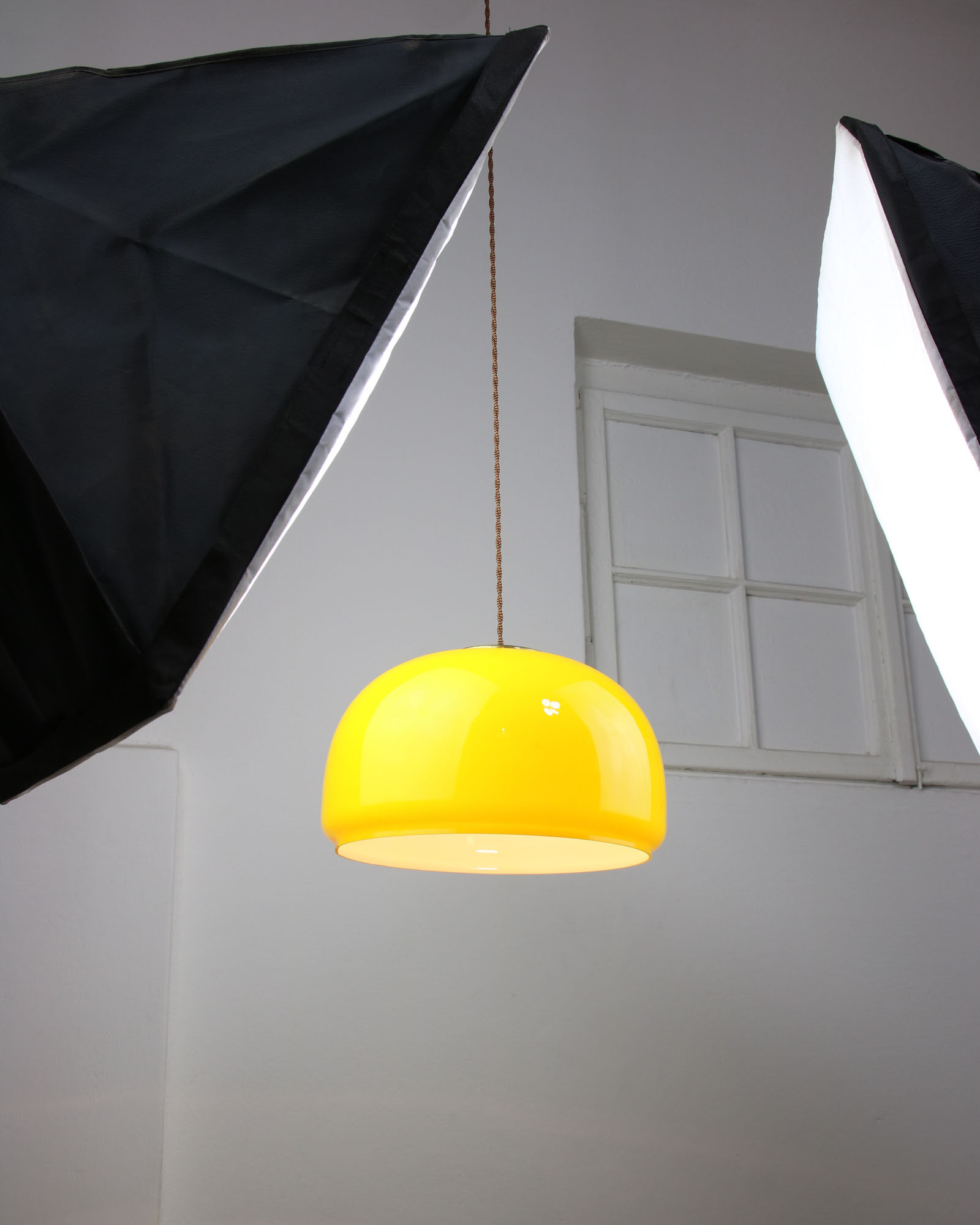 Mid-century Yellow Glass & Brass Pendant Lamp