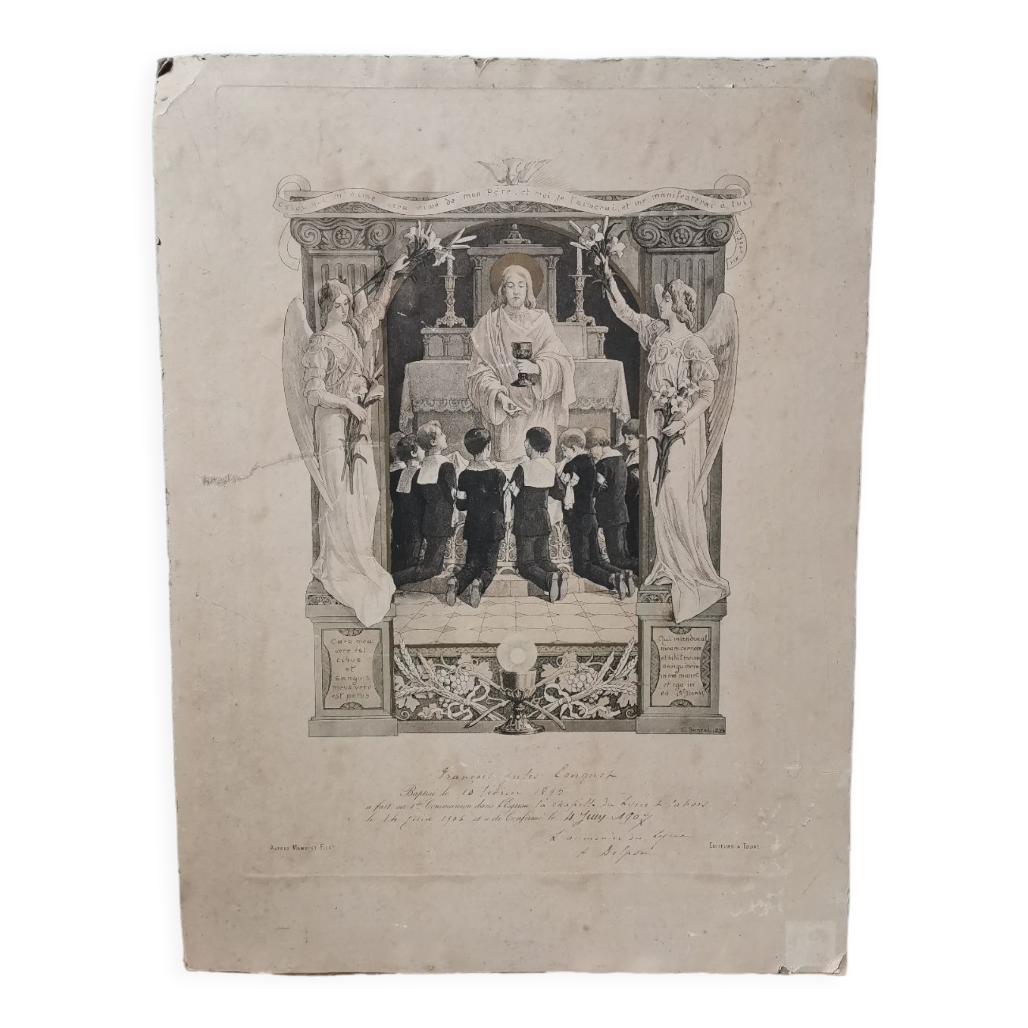 Gravure religieuse dorée, depuis 1900, certificat de baptêmes Vintage