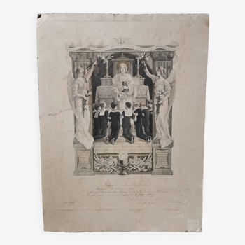 Gravure religieuse dorée, depuis 1900, certificat de baptêmes Vintage