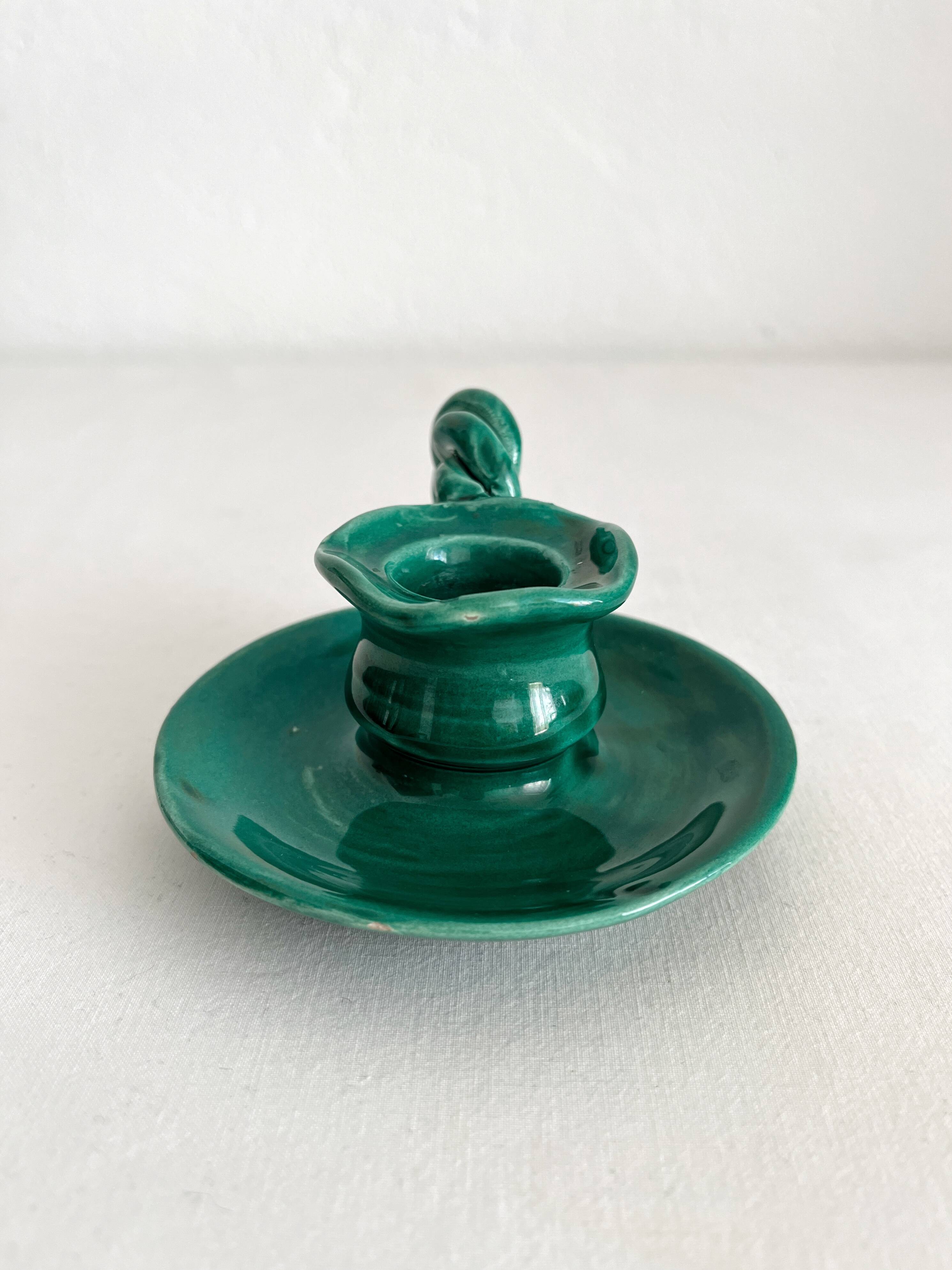 Vintage green ceramic candle holder with twisted handle