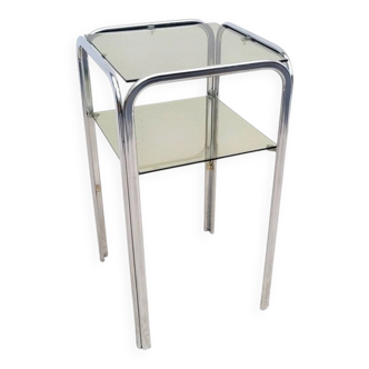 Bout de canapé vintage sellette chrome et verre fumé 70s