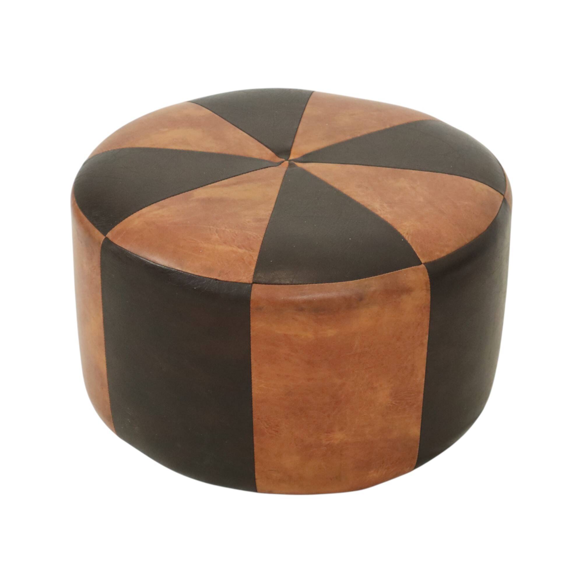 Round Vintage Brown Pouf Two-Tone Skai Leather Sixties