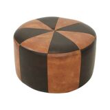 Round Vintage Brown Pouf Two-Tone Skai Leather Sixties