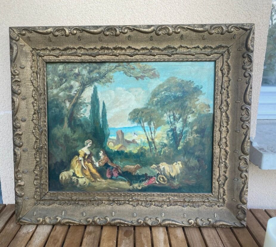 Oil painting on canvas – Pastoral scene – Boucher style – 19th century