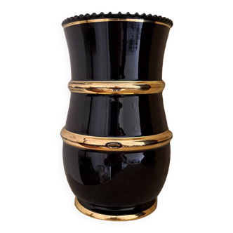 Vase Art Deco en verre noir et dorures par Paul Heller pour De Rupel (Boom, Belgique)