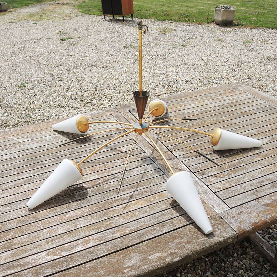 Antique 5-branch chandelier in brass and white glass