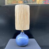Vintage ball lamp base in blue ceramic stoneware with raffia rope lampshade