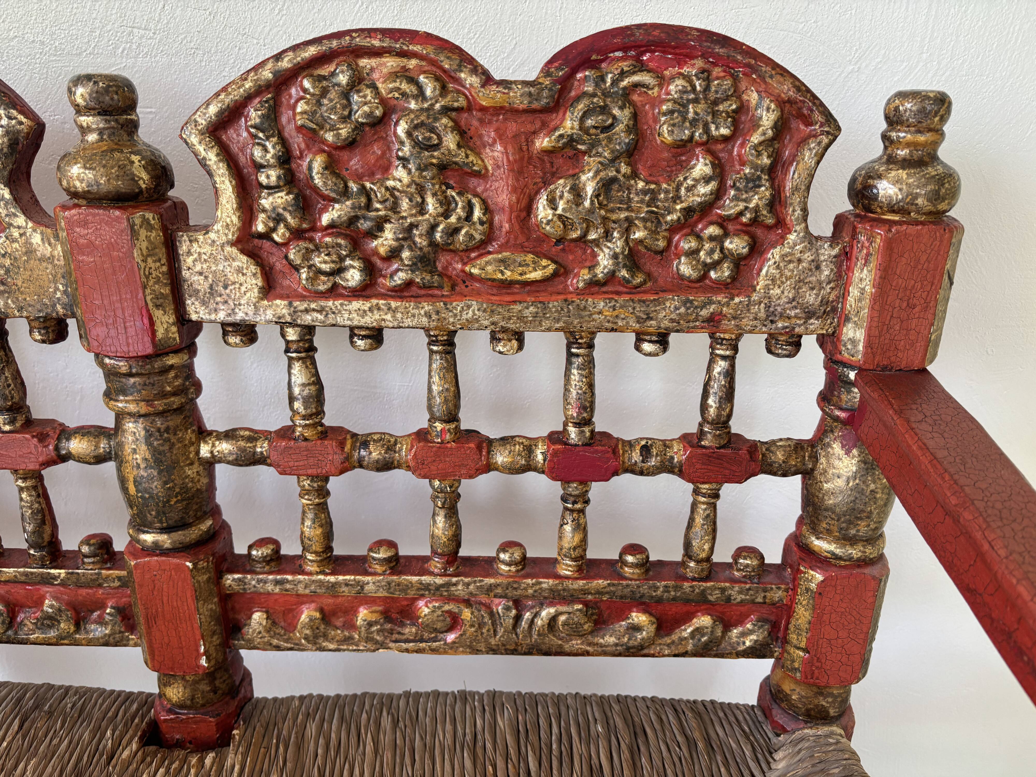 Vintage Spanish low chair in painted wood and straw (Majorca Andalusia)