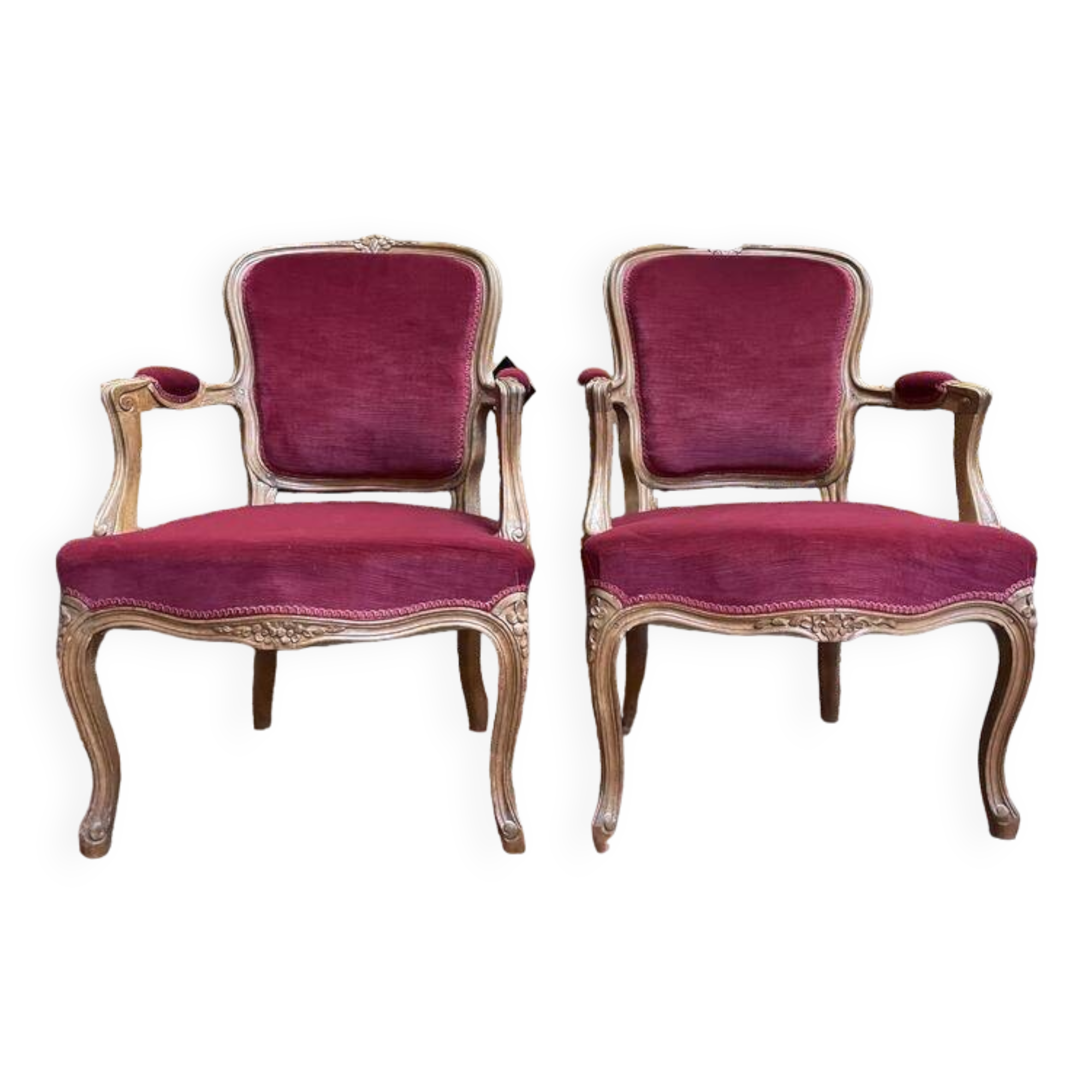 Pair of Louis XV style cabriolet armchairs in red velvet