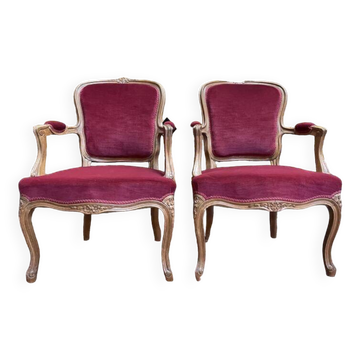 Pair of Louis XV style cabriolet armchairs in red velvet
